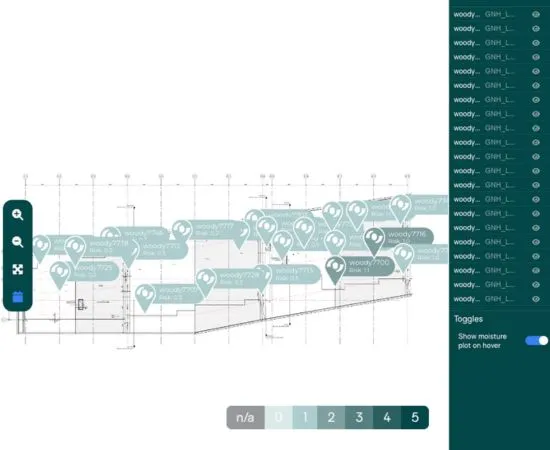 Tector Risk Score shown on a flat-roof plan, indicating moisture risk areas