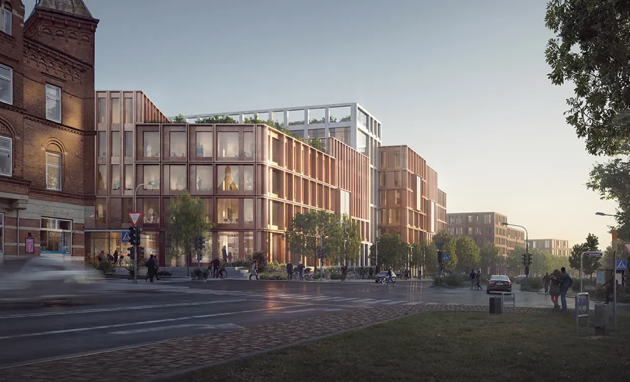 Timber building under construction with exposed structural elements